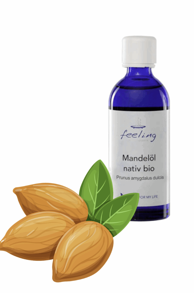 Flasche Mandelöl nativ bio von feeling.at mit Illustration von Mandeln – natürliche Pflege für sensible Kinderhaut