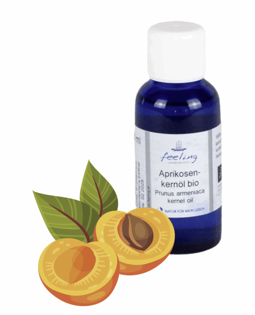 Flasche Aprikosenkernöl bio von feeling.at mit Aprikosen-Illustration – leichtes, pflegendes Öl für sensible Kinderhaut