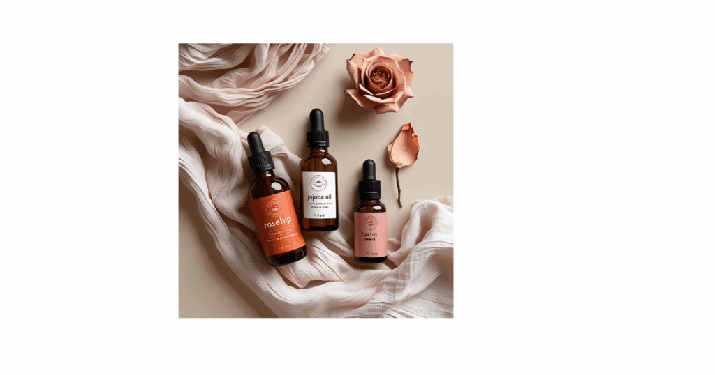 Drei braune Glasfläschchen mit Pipettenaufsatz – beschriftet mit „rosehip“, „jojoba oil“ und „carrot seed“ – liegen auf einem zartrosa Tuch, daneben eine getrocknete Rose; symbolisch für natürliche Gesichtspflege mit pflanzlichen Ölen.