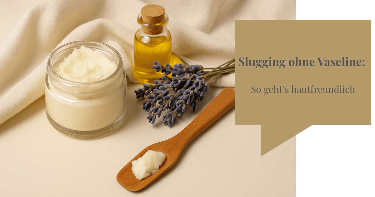 Flatlay mit offenem Glastiegel Sheabutter, Holzspatel, Lavendelblüten und goldenem Pflanzenöl – natürliche Pflege fürs Slugging ohne Vaseline